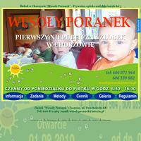 Żłobek "Wesoły poranek" jest prywatną placówką opieki dla dzieci do lat 3, mieszczącą się w Chorzowie przy ul. Powstańców 68, w byłej szkole podstawowej.
Zaspokajanie podstawowych potrzeb bezpieczeństwa, akceptacji, sukcesu, integracji, samorealizacji, udział w zabawie.
Serdecznie zapraszamy ./_thumb/www.wesolyporanek.pl.png